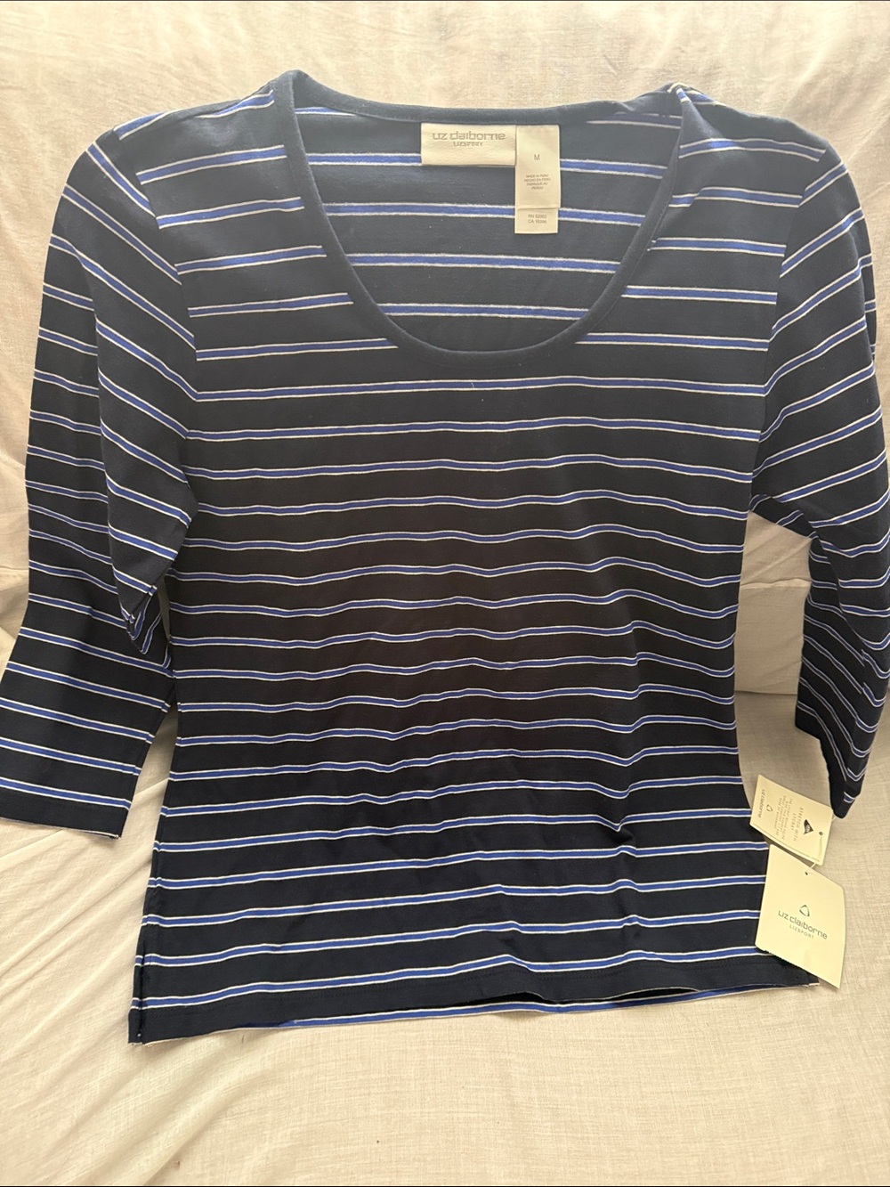 Liz Claiborne Navy, Light Blue & White Striped Scoop Neck Long Sleeve Top.